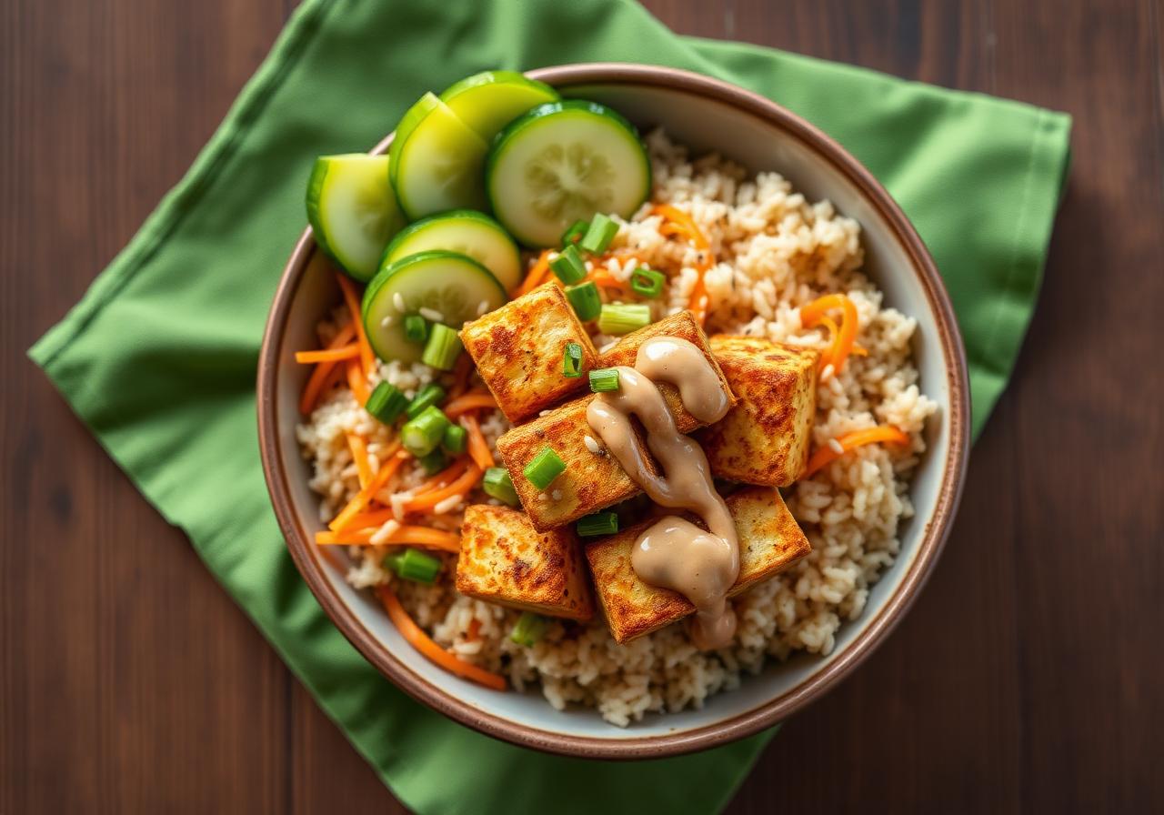 Crispy Tofu Rice Bowl with Peanut Sauce
